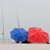 Wędkarze łowiący ryby na plaży pod kolorowymi parasolkami