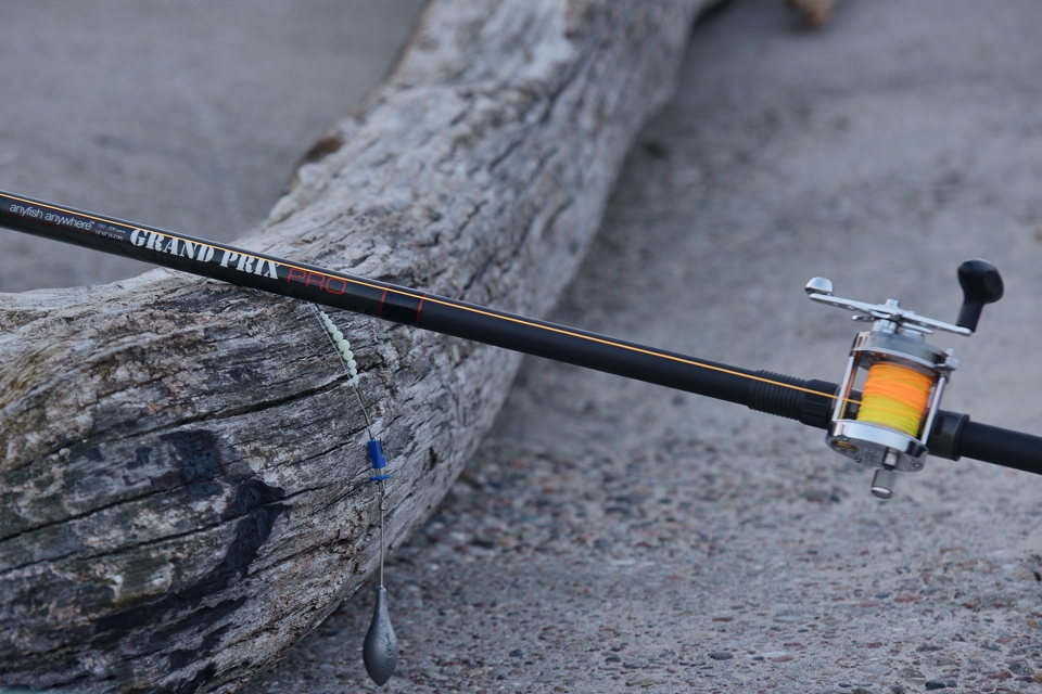 wędka morska oparta o powalony pień drzewa