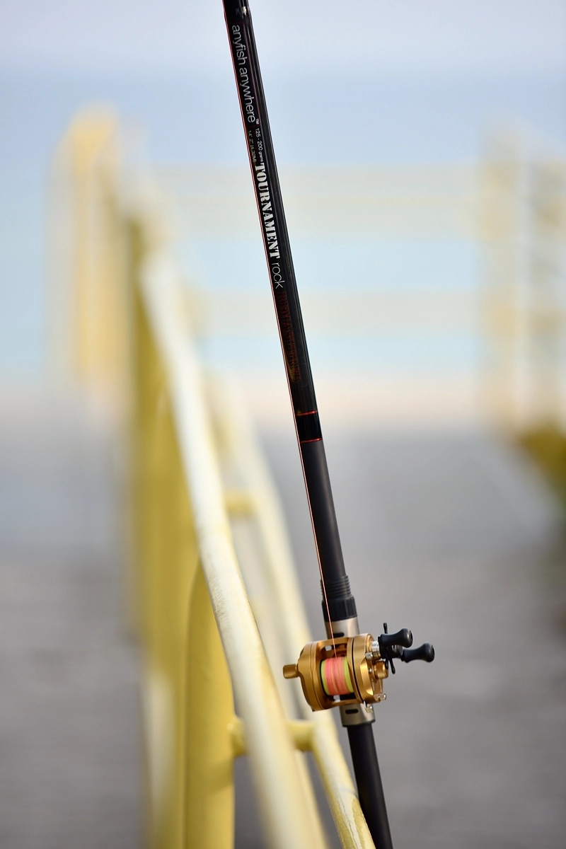 Wędka plażowa z kołowrotkiem na tle morza